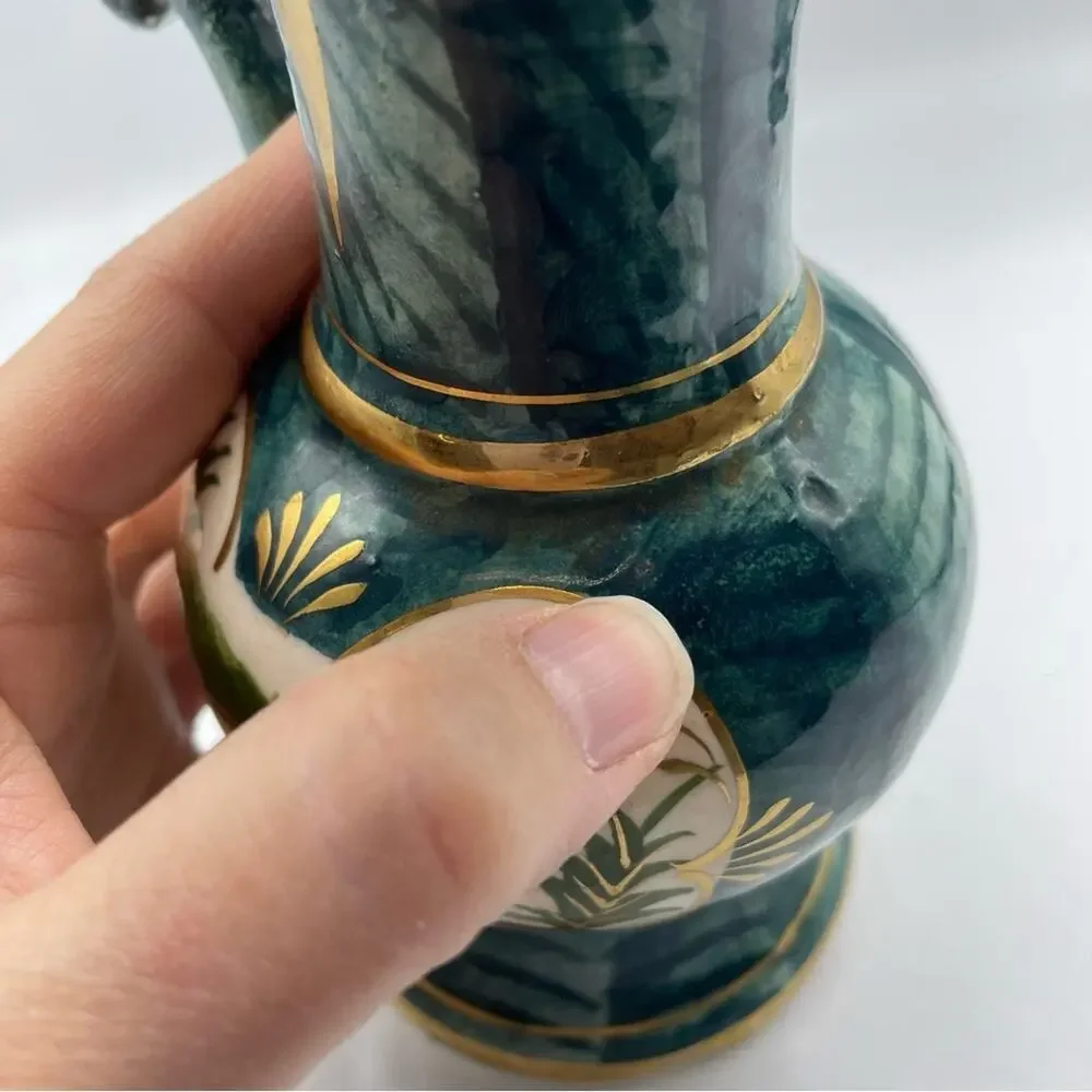 Vintage Hand Painted Peacock Ornate Vase Decor Green Teal Gold Porcelain
